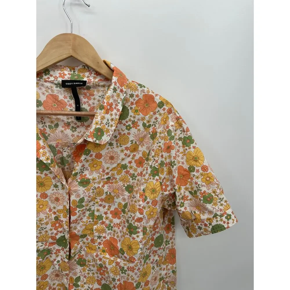 Cozy Earth Womens Orange Floral Sutton Short Sleeve Pajama Top‎ Size M Retro